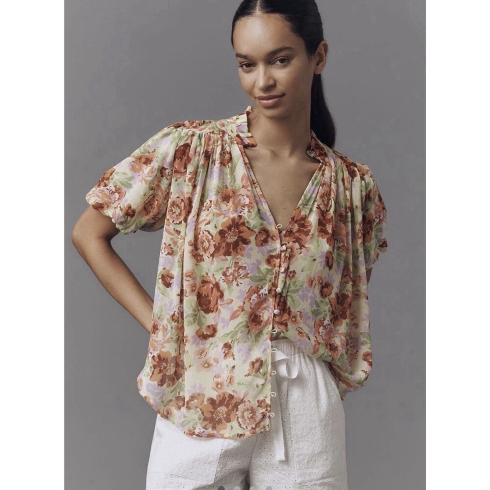 Anthropologie The Estela Short Sleeve Sheer Floral Printed Blouse Fall Colors S